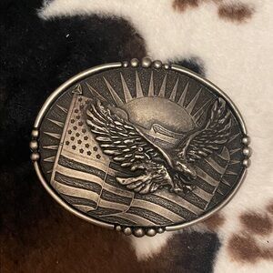 Patriotic Eagle and Flag Belt Buckle - Bronze